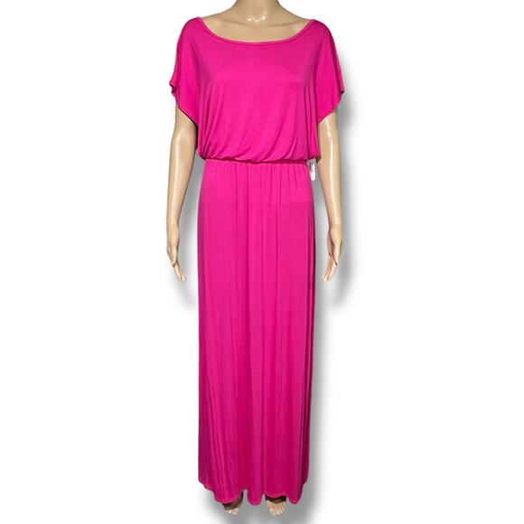 Charming Charlie Womens Maxi Blouson Dress Pink Boat Neck Open Tie Back Medium - Picture 1 of 11